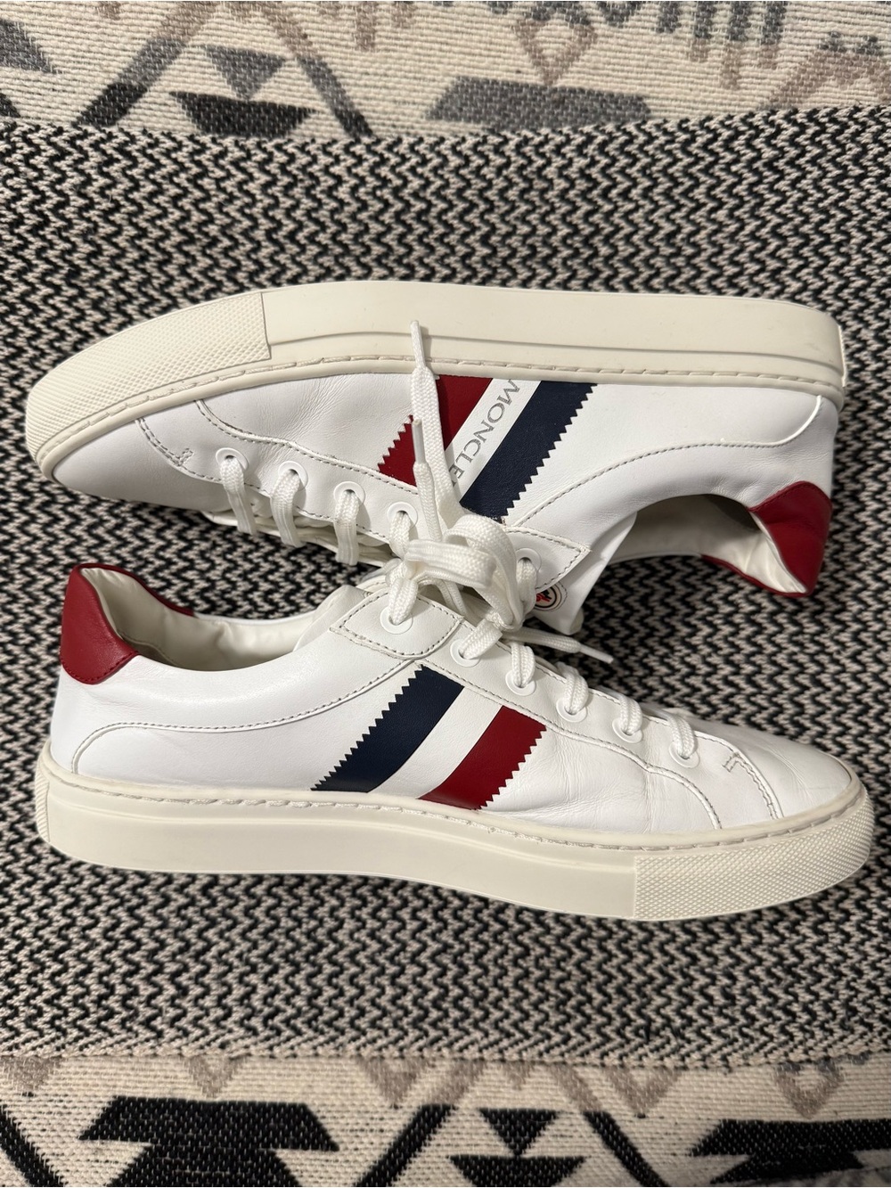 Moncler Ariel Low Top White Leather Sneakers with Red & Blue Accents - Picture 3 of 10